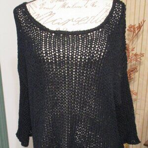 Love Loose Knit Wide Round Neck Black Sweater w/ 3/4 Sleeves & Side Split Bottom